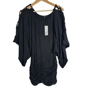 Sky Merceda Dress Suede Braided Open Shoulder Ruched Mini Bodycon Black NWT S